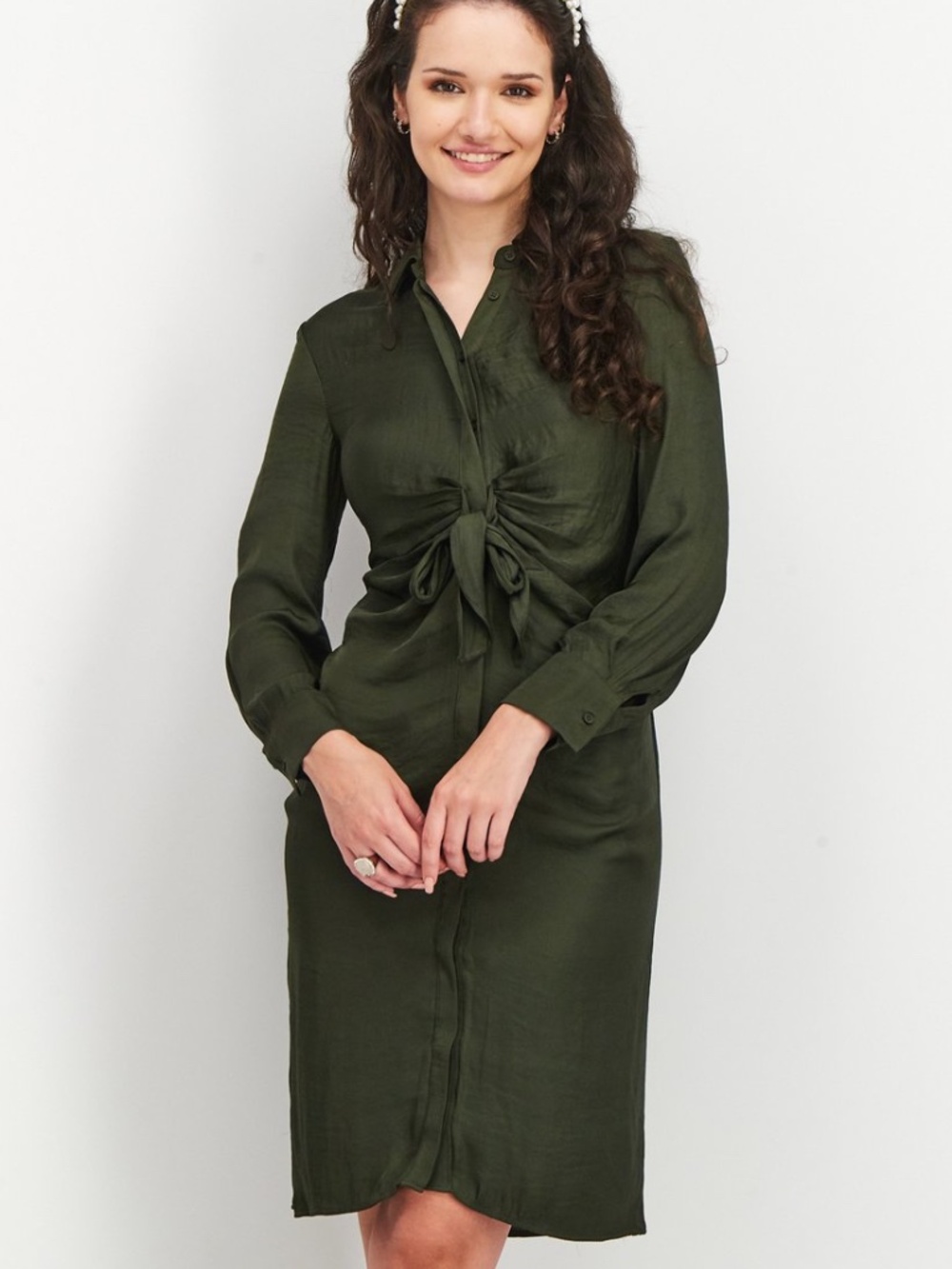 BB Dakota Steve Madden Front-Tie Long Sleeve Satin Dress Forest Green – Medium